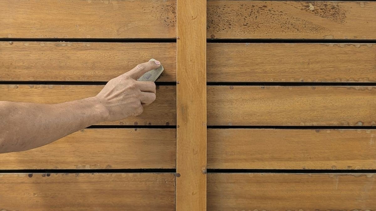 Hand sanding a cedar plank smooth